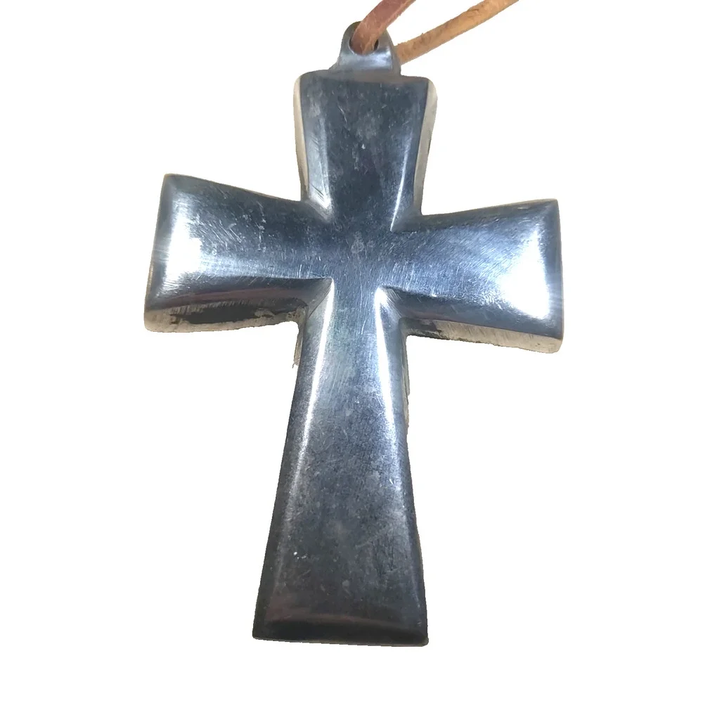 Large Heavy Solid Metal Silver Tone Cross Brutalist Leather Strap